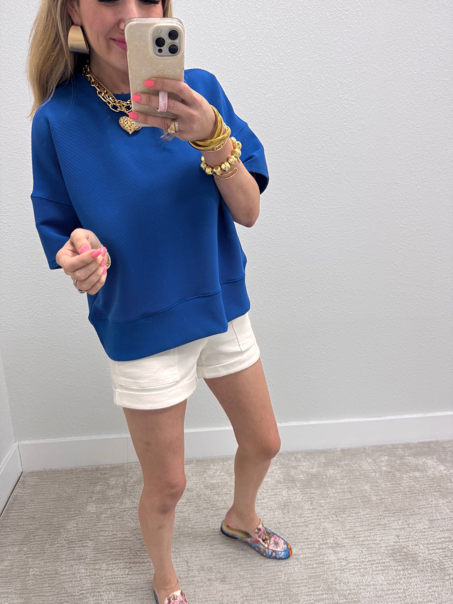 Royal Blue Ribbed Band Bottom Half Sleeve Top FS