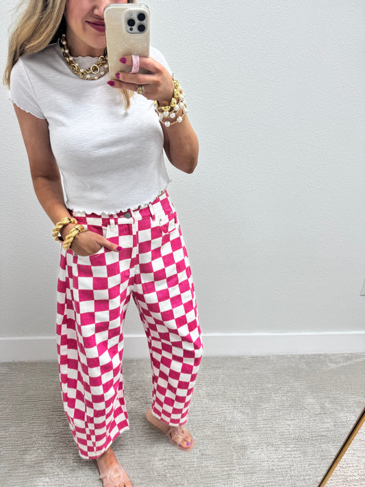 Pink and White Checkered Barrel Jeans