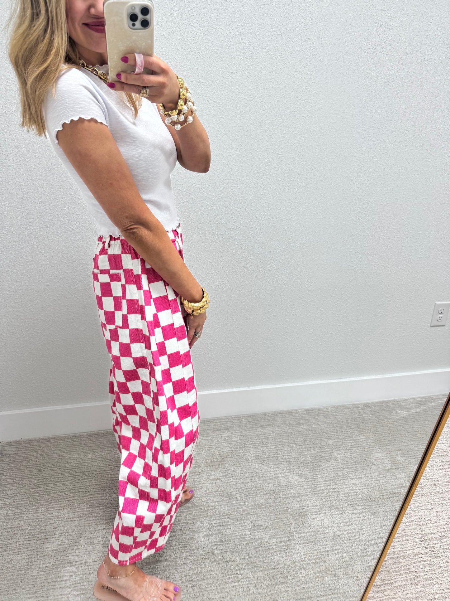 Pink and White Checkered Barrel Jeans