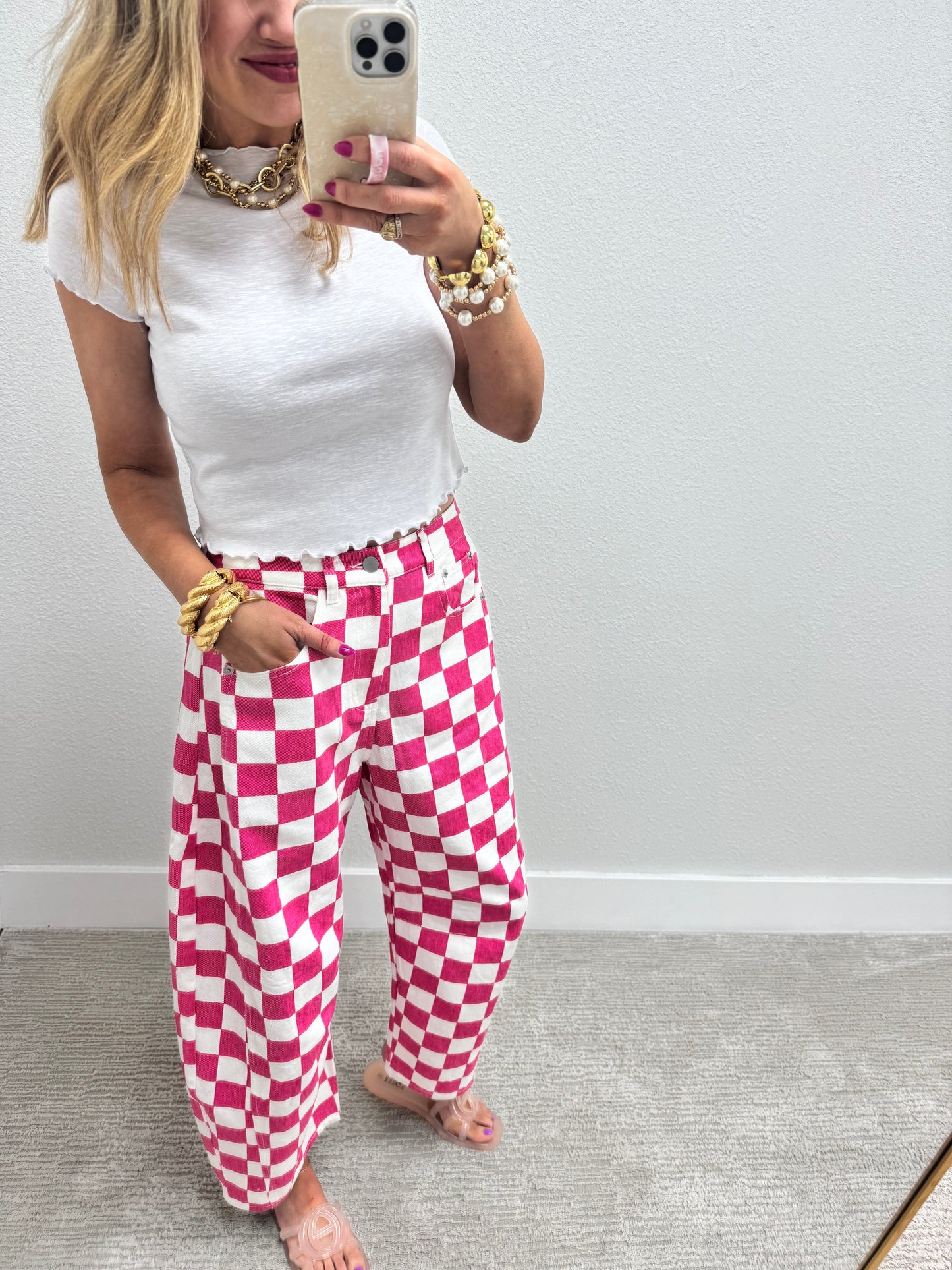 Pink and White Checkered Barrel Jeans