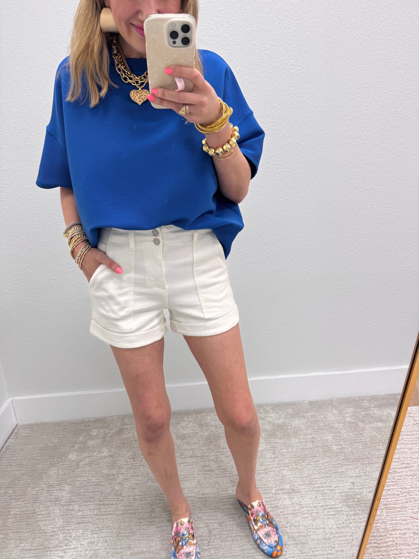 Royal Blue Ribbed Band Bottom Half Sleeve Top FS