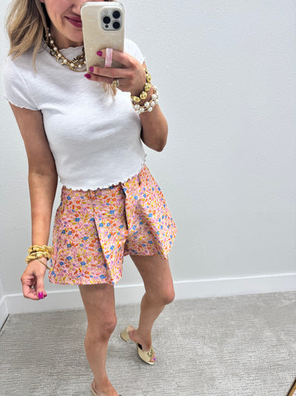 Floral Embroidered Pleated High Waisted Flair Shorts FS
