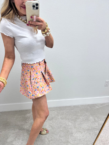 Floral Embroidered Pleated High Waisted Flair Shorts FS