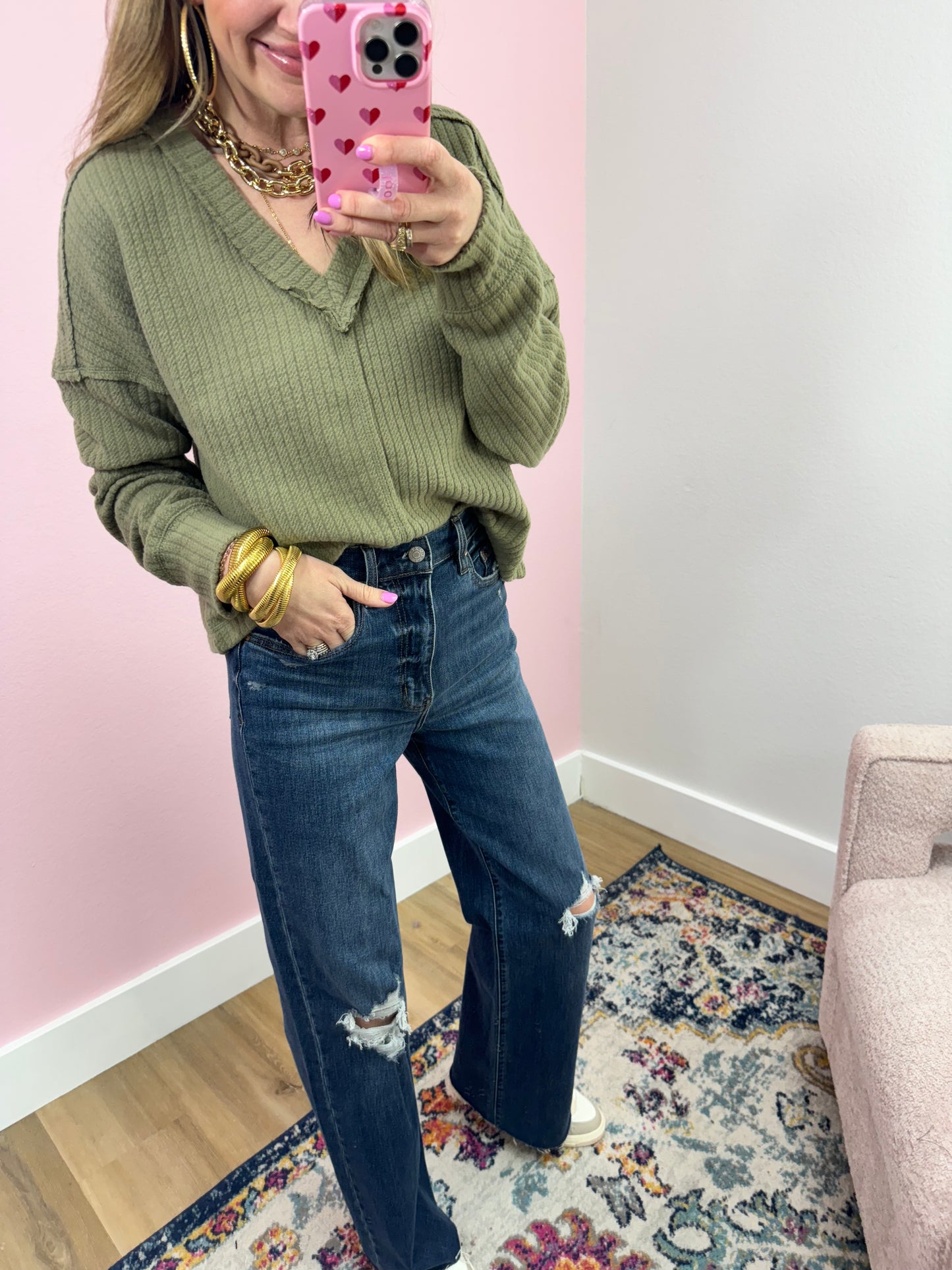 Olive Cable Texture V-neck Long Sleeve