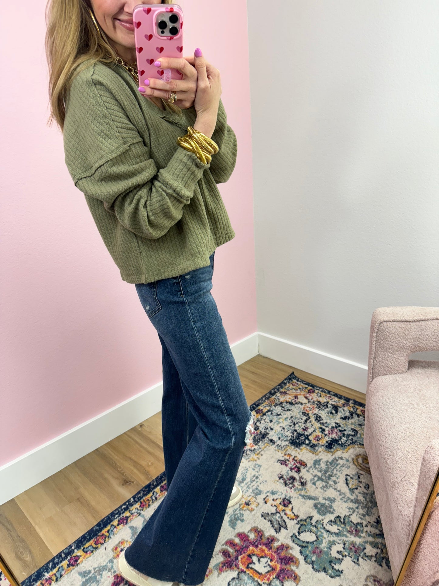 Olive Cable Texture V-neck Long Sleeve