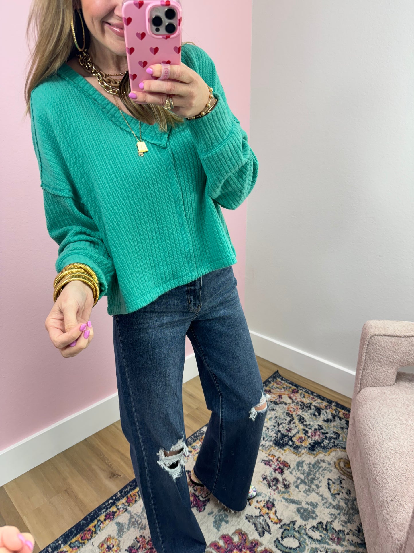 Seafoam Cable Texture V-neck Long Sleeve