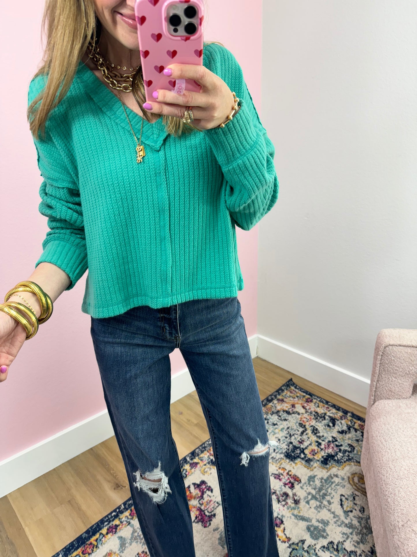 Seafoam Cable Texture V-neck Long Sleeve