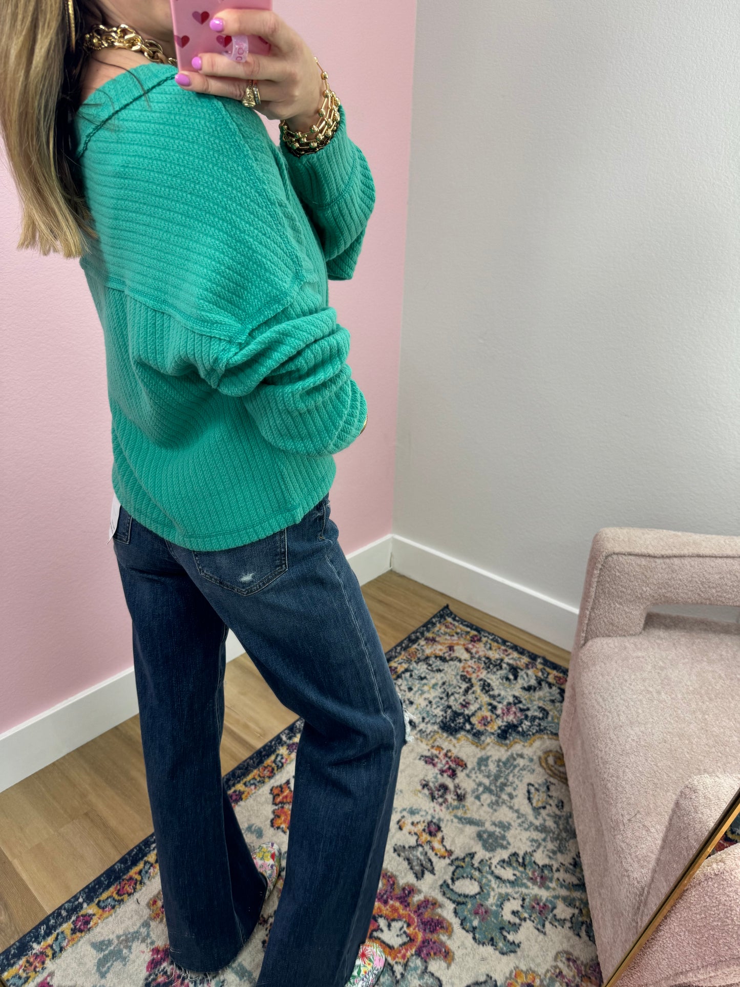Seafoam Cable Texture V-neck Long Sleeve