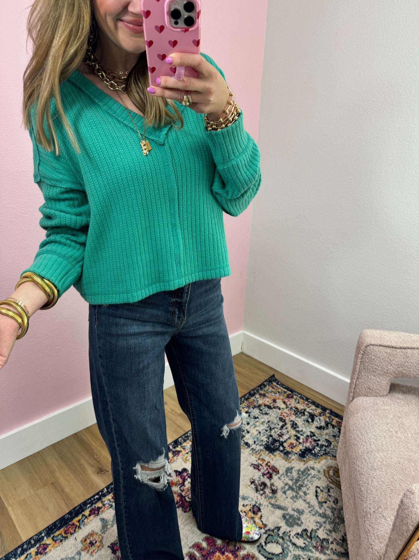 Seafoam Cable Texture V-neck Long Sleeve