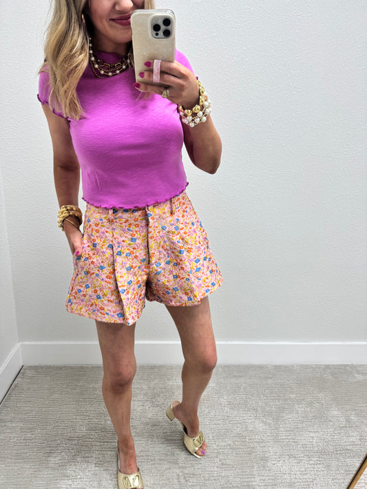 Floral Embroidered Pleated High Waisted Flair Shorts