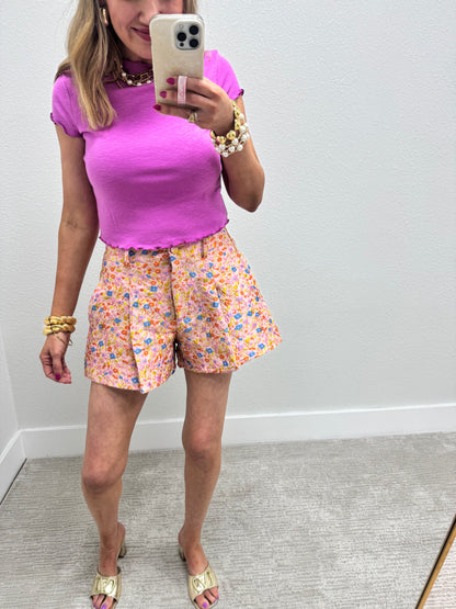 Floral Embroidered Pleated High Waisted Flair Shorts FS