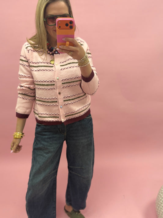 Pink Embroidered Zig Zag Striped Sweater Cardigan