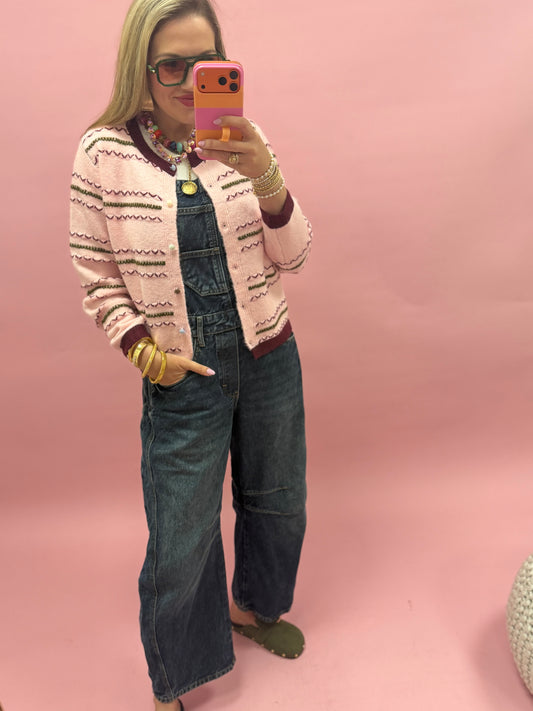 Pink Embroidered Zig Zag Striped Sweater Cardigan