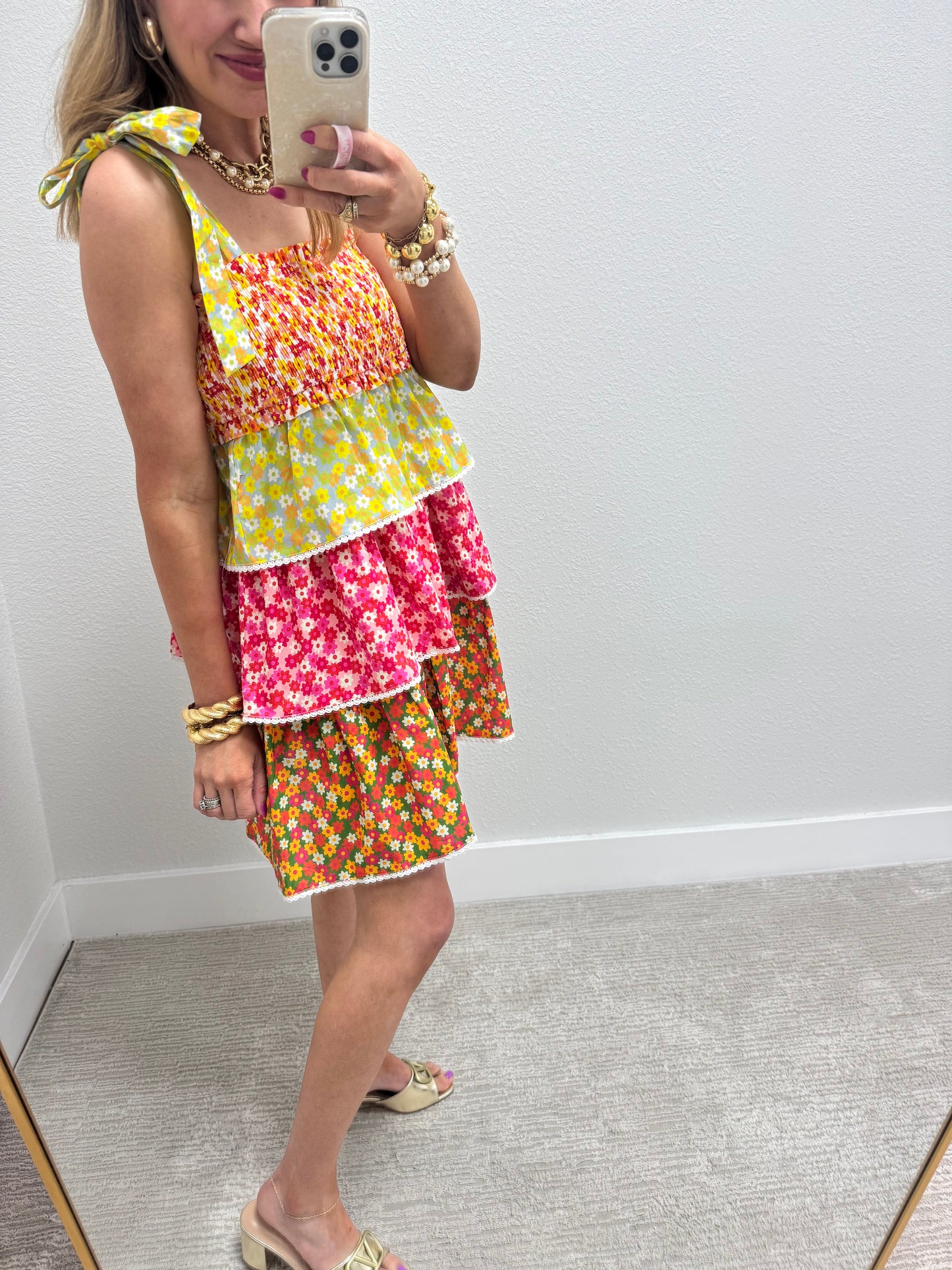 Floral Smocked Top Layered Mini Dress with Tie Sleeves