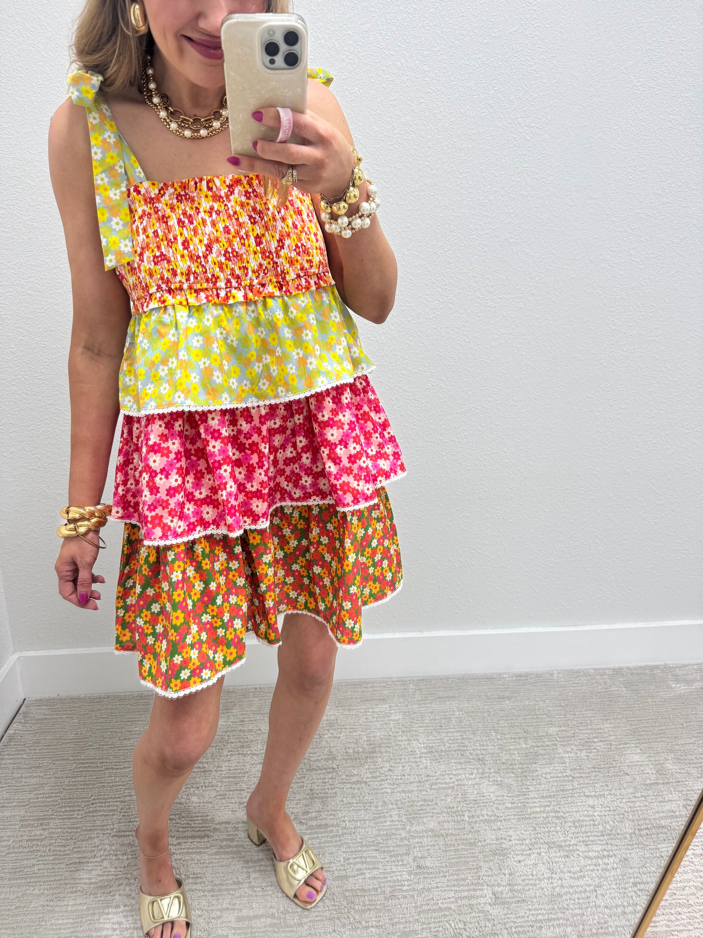Floral Smocked Top Layered Mini Dress with Tie Sleeves