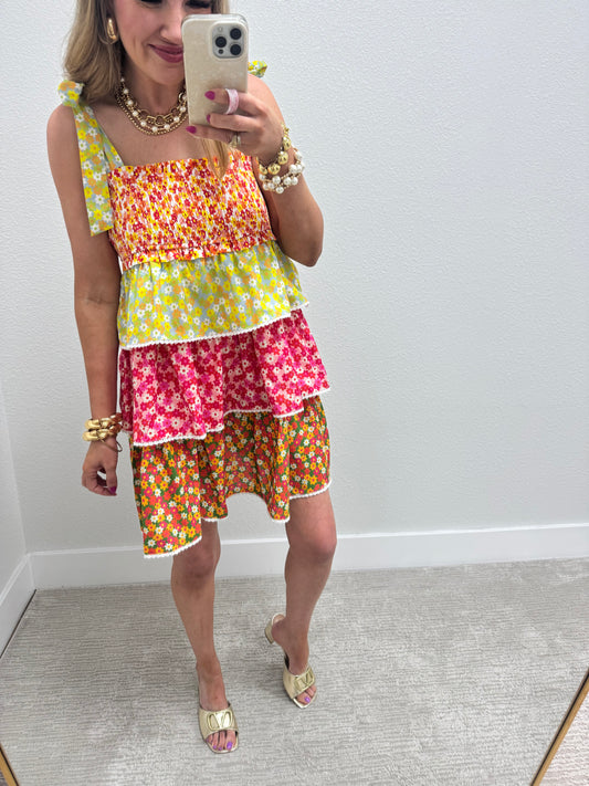 Floral Smocked Top Layered Mini Dress with Tie Sleeves