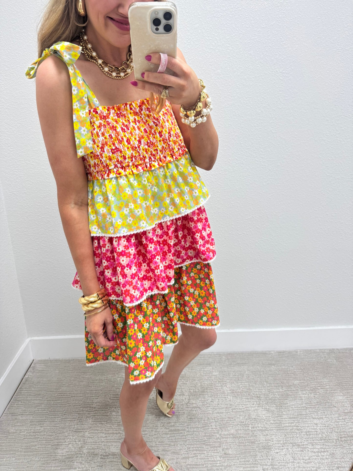 Floral Smocked Top Layered Mini Dress with Tie Sleeves