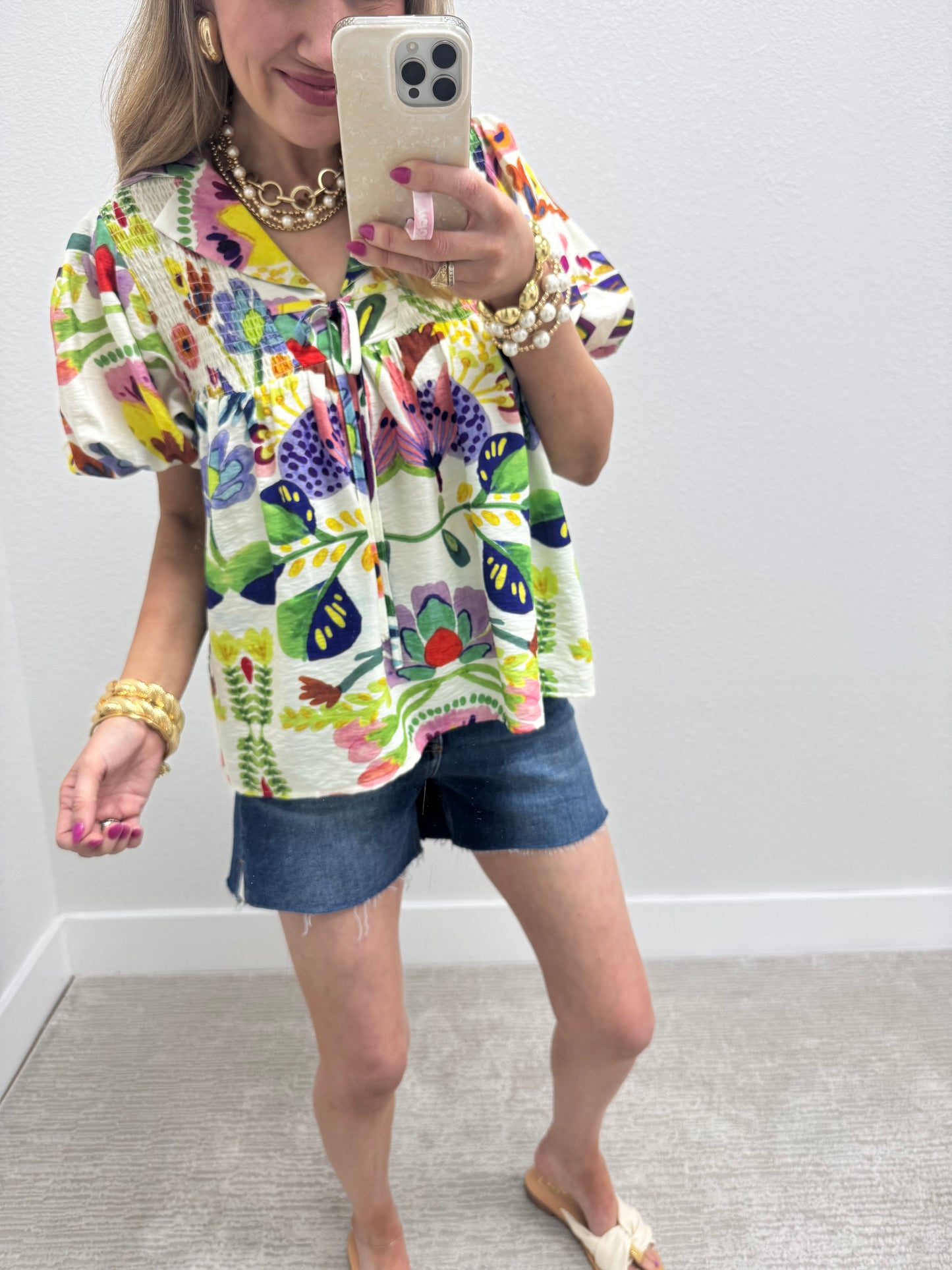 Floral Print Collared Top with Smocked Top and Tie