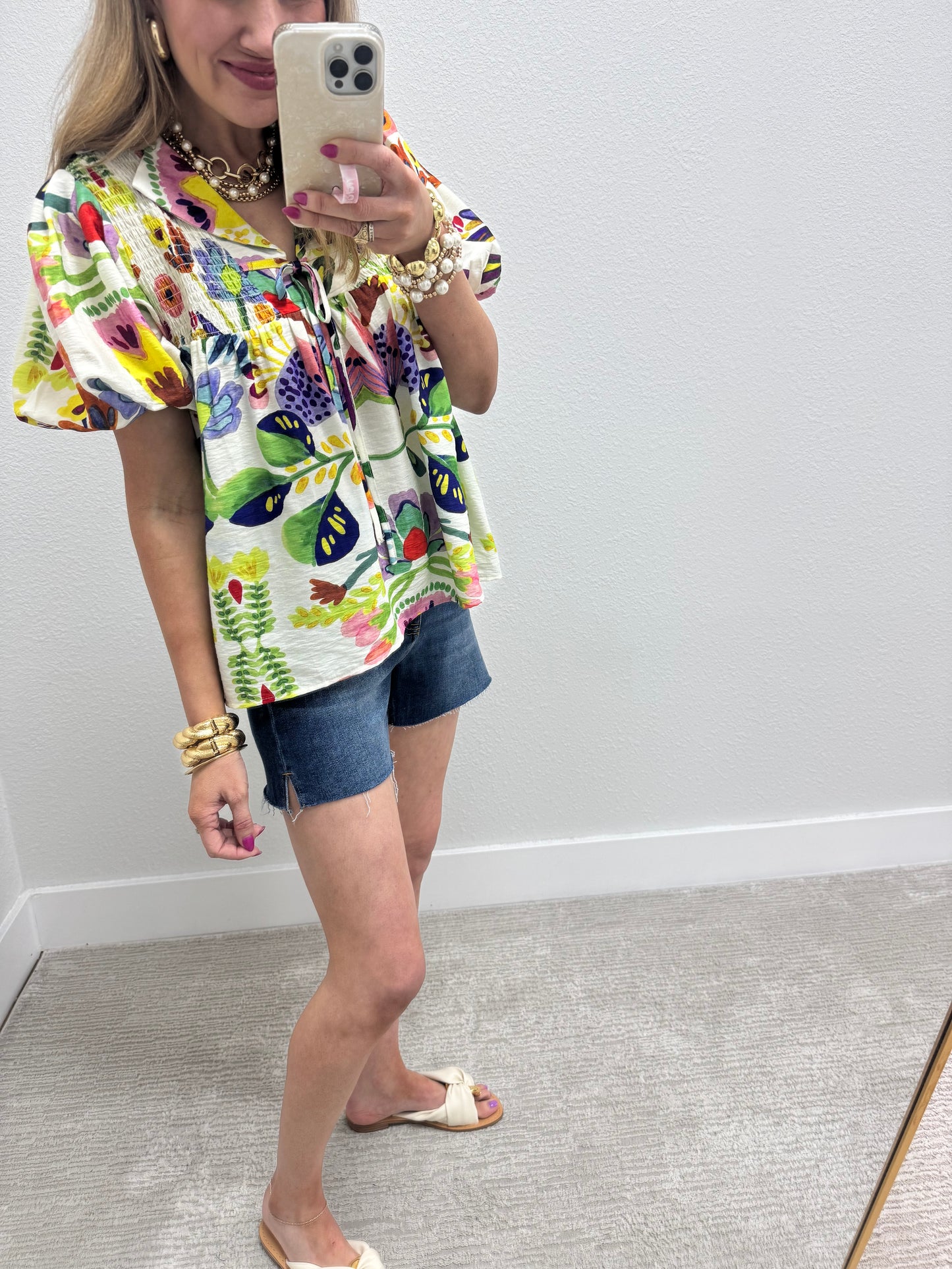 Floral Print Collared Top with Smocked Top and Tie