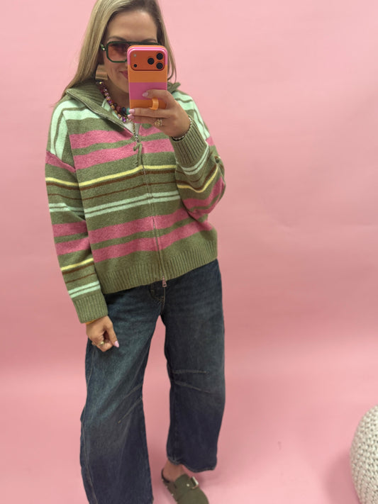 Green & Pink Striped Mock Neck Zip Up Cardigan