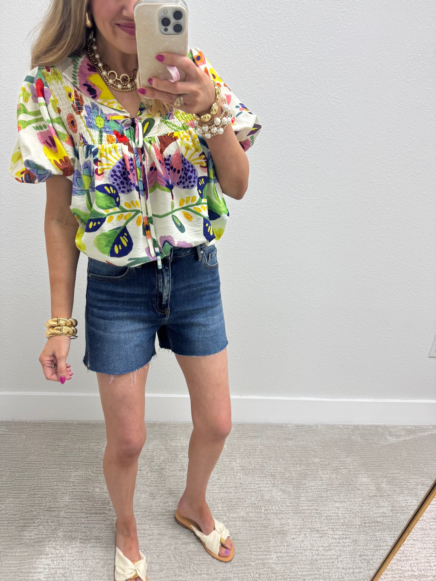 Floral Print Collared Top with Smocked Top and Tie