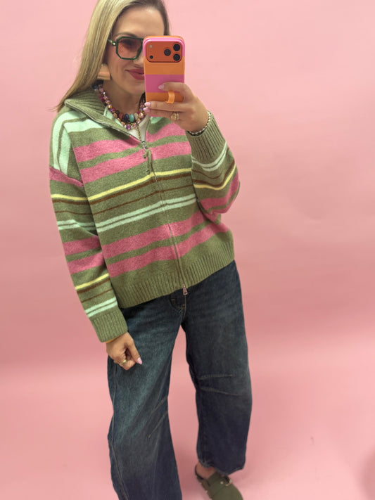 Green & Pink Striped Mock Neck Zip Up Cardigan