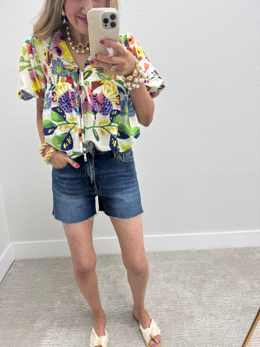 Floral Print Collared Top with Smocked Top and Tie