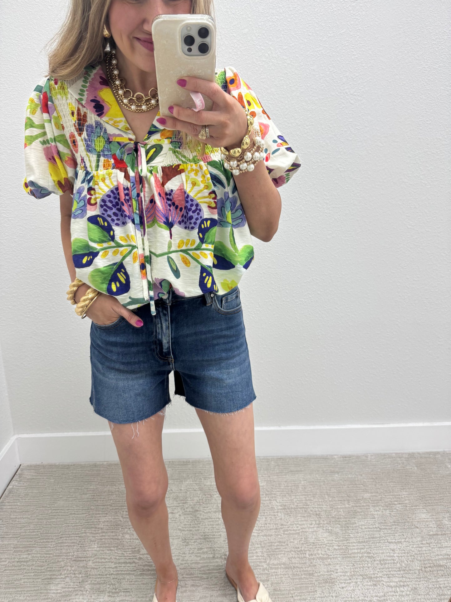 Floral Print Collared Top with Smocked Top and Tie