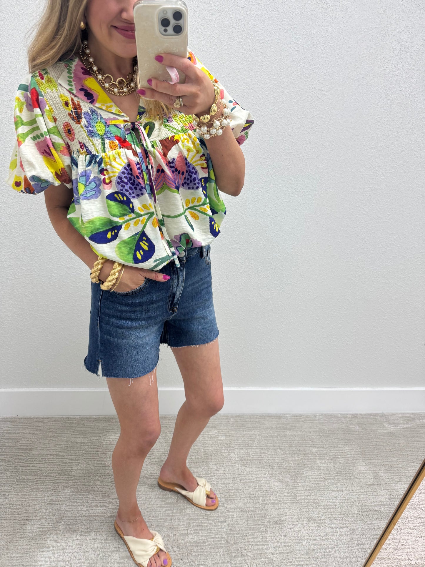 Floral Print Collared Top with Smocked Top and Tie