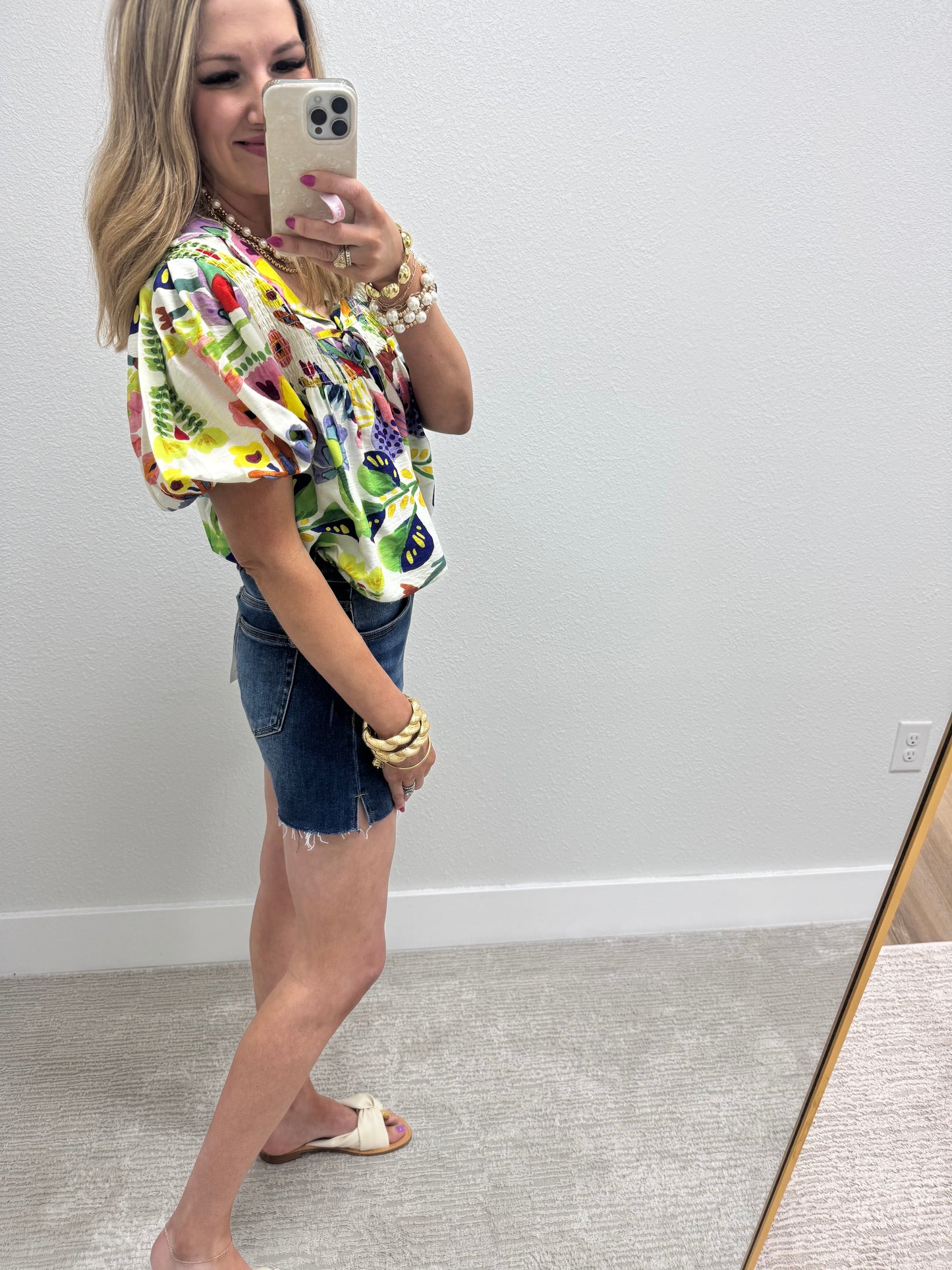 Floral Print Collared Top with Smocked Top and Tie