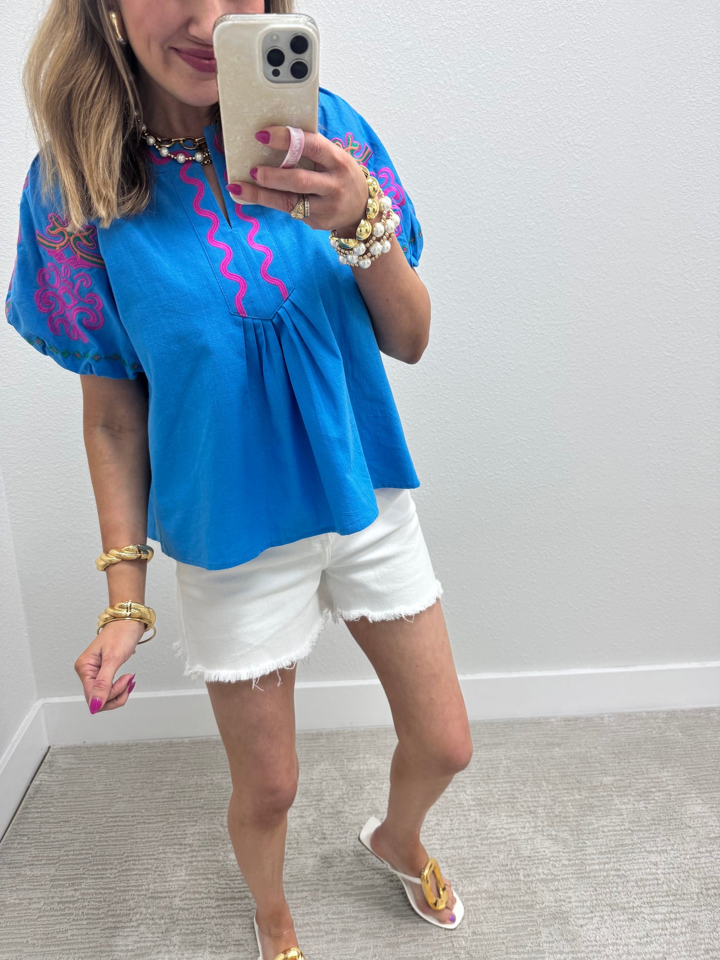 Blue Notch Neck Top with Embroidered Puff Sleeves