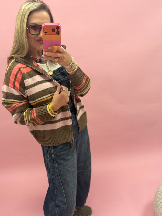Hazelnut Striped Mock Neck Zip Up Cardigan
