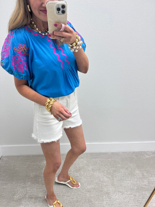 Blue Notch Neck Top with Embroidered Puff Sleeves