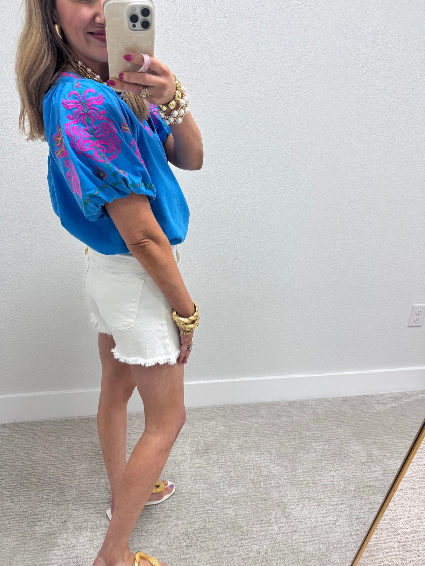 Blue Notch Neck Top with Embroidered Puff Sleeves