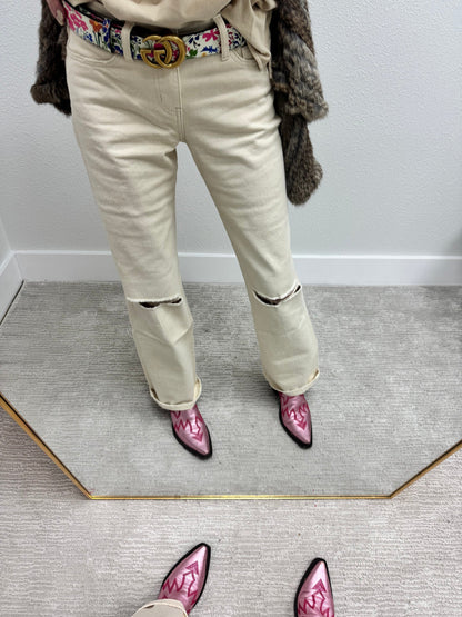 Natural Mid Rise Straight Jean With Distressed Knee FS