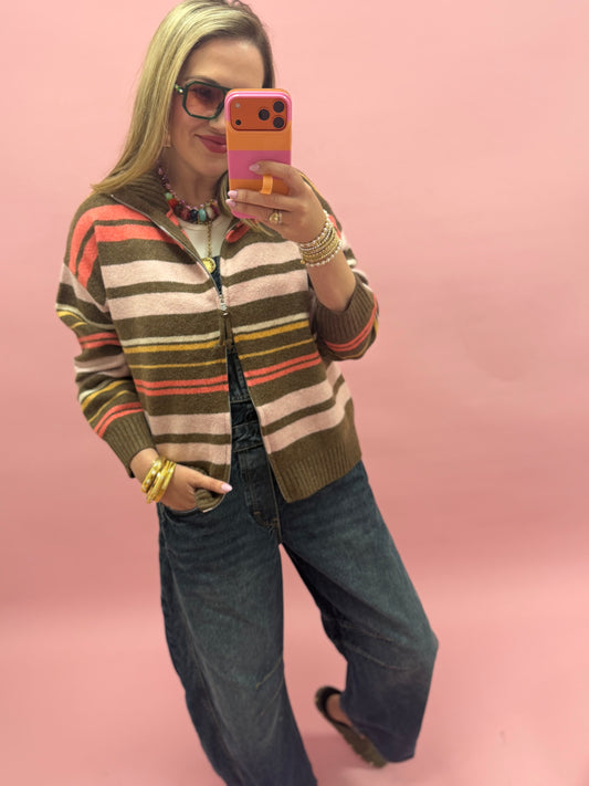 Hazelnut Striped Mock Neck Zip Up Cardigan