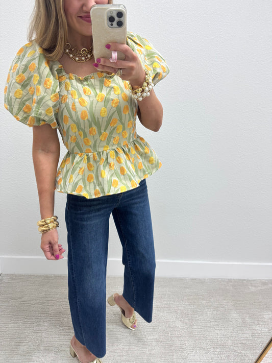Floral Jacquard Peplum Top with Bubble Sleeve
