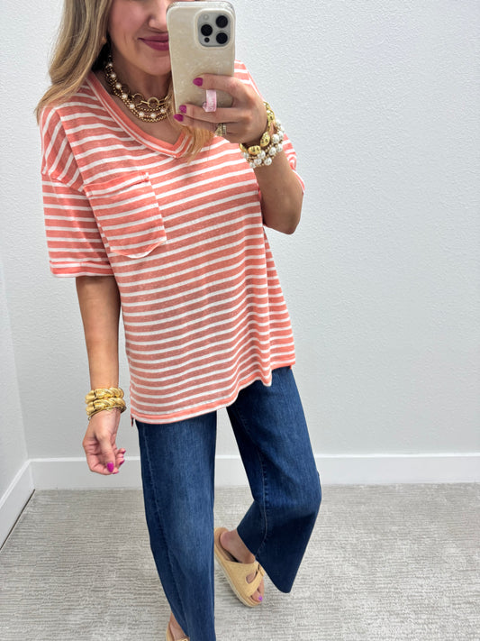 Coral Stripe V-Neck with Pocket & Side Slit Hem FS