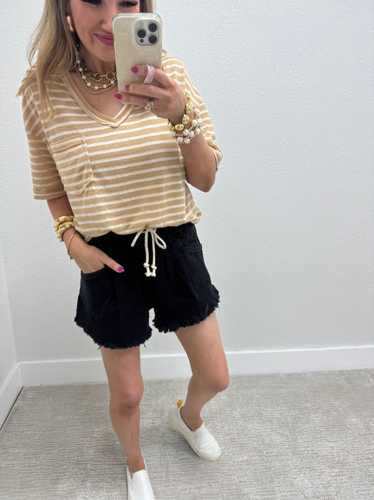 Beige Stripe V-Neck with Pocket & Side Slit Hem FS