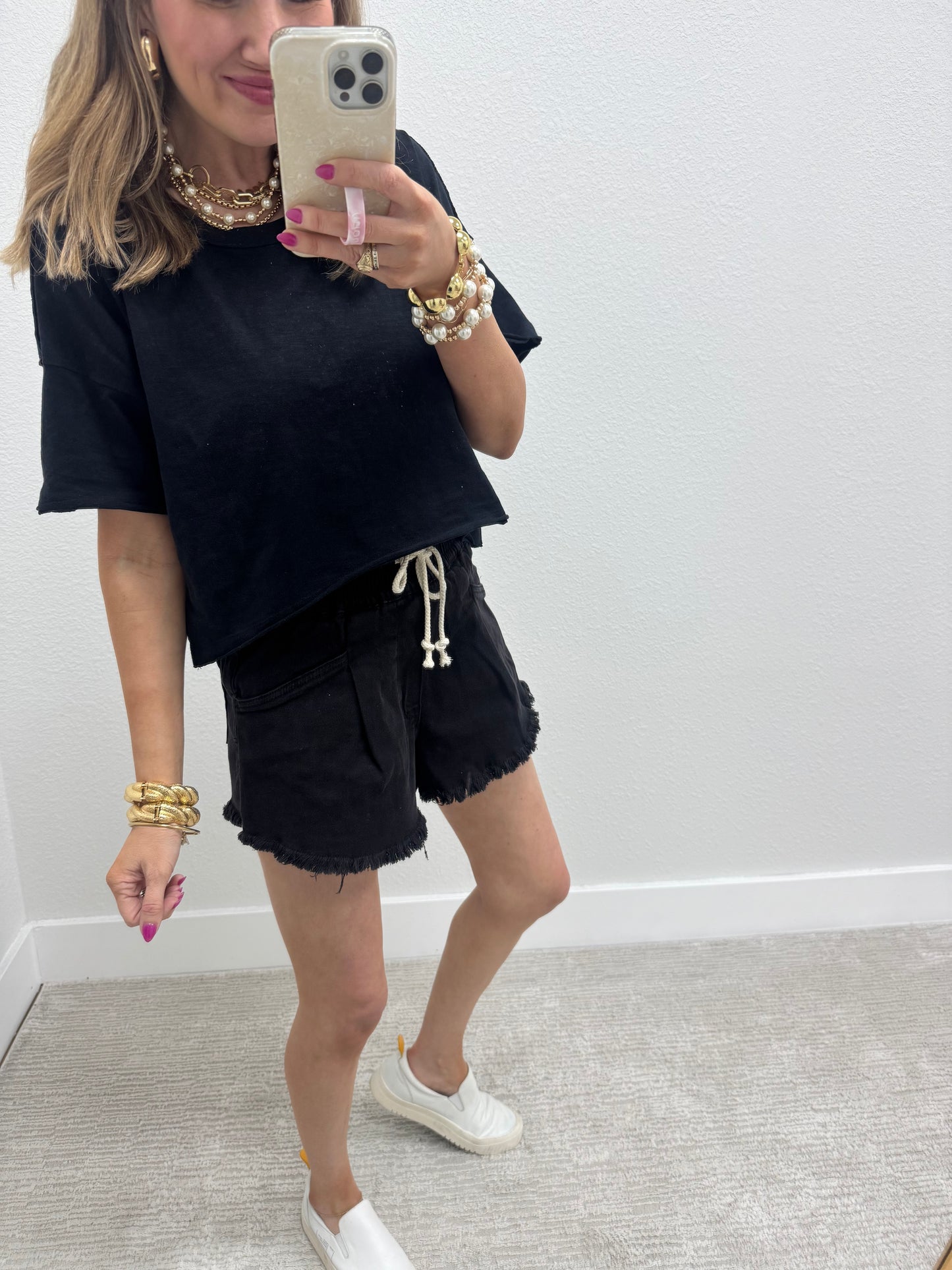 Black Washed Fray Hem Denim Shorts
