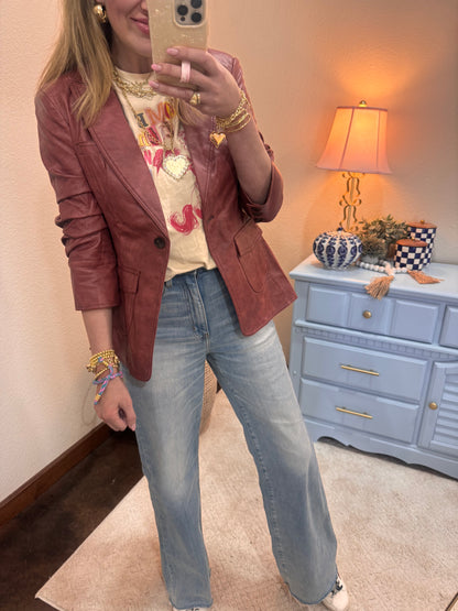 Burgundy Pocket Detail Scrunched Sleeve Faux Leather Blazer FS