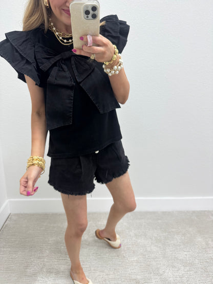 Black Solid Big Flutter Sleeve Top