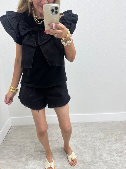 Black Solid Big Flutter Sleeve Top