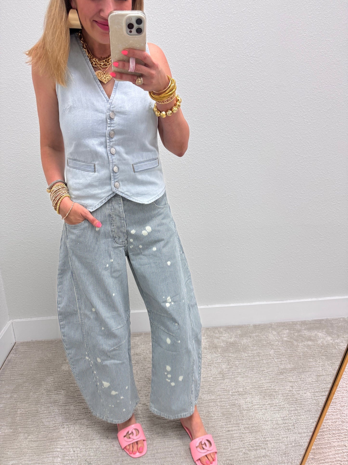 Pinstripe Mineral Wash Barrel Jeans