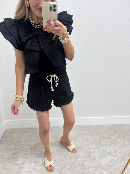 Black Solid Big Flutter Sleeve Top