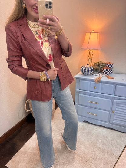 Burgundy Pocket Detail Scrunched Sleeve Faux Leather Blazer FS
