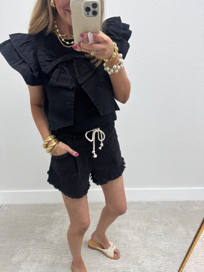 Black Solid Big Flutter Sleeve Top