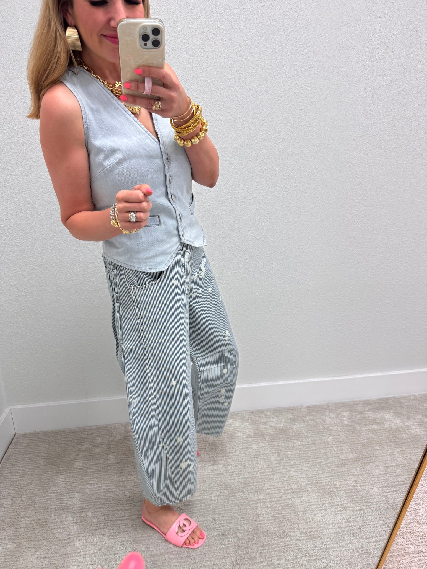 Pinstripe Mineral Wash Barrel Jeans