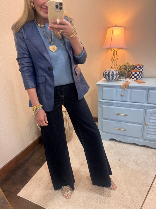 Navy Pocket Detail Scrunched Sleeve Faux Leather Blazer