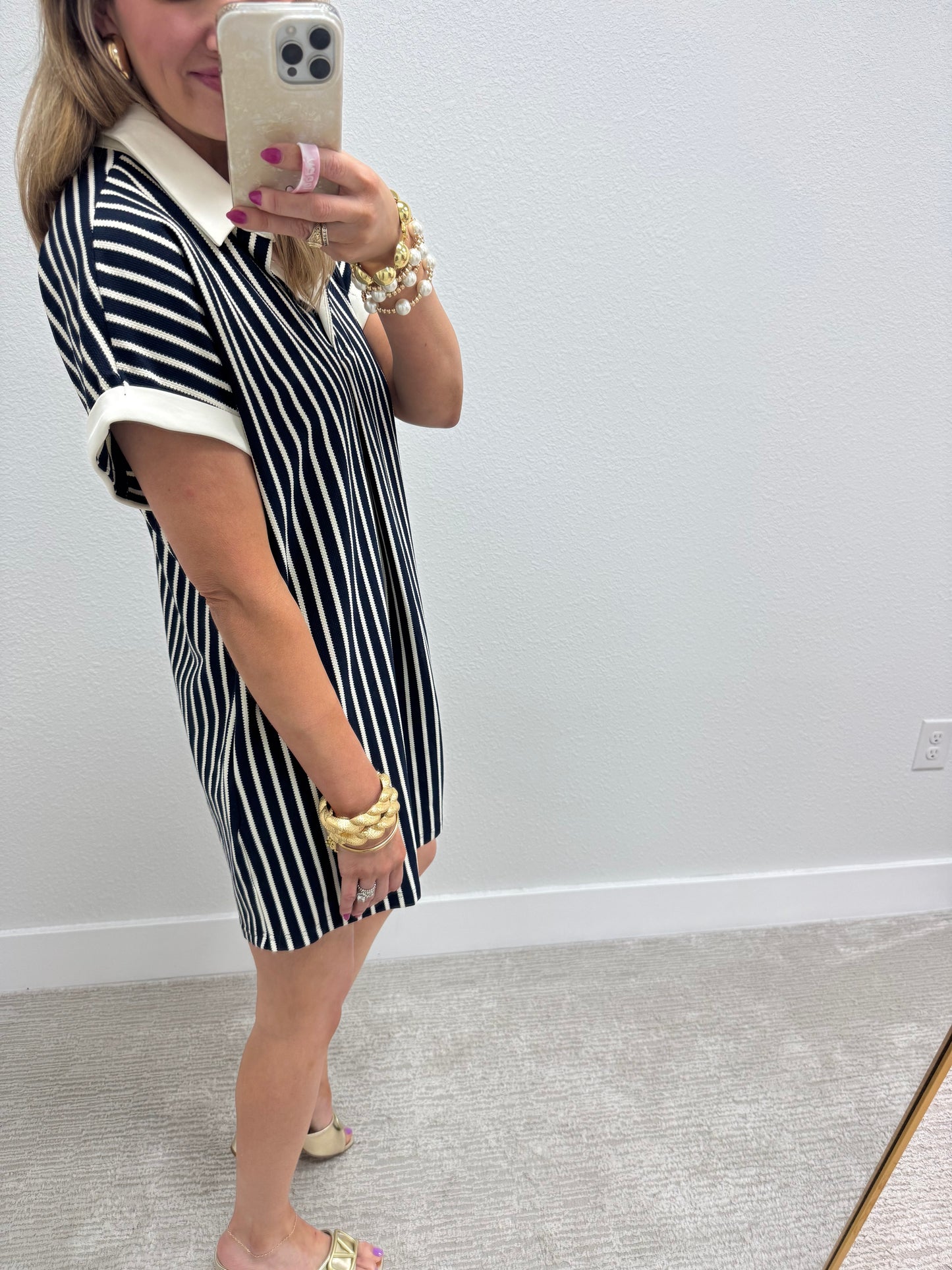 Ivory and Navy Striped Collared V Neck Mini Dress